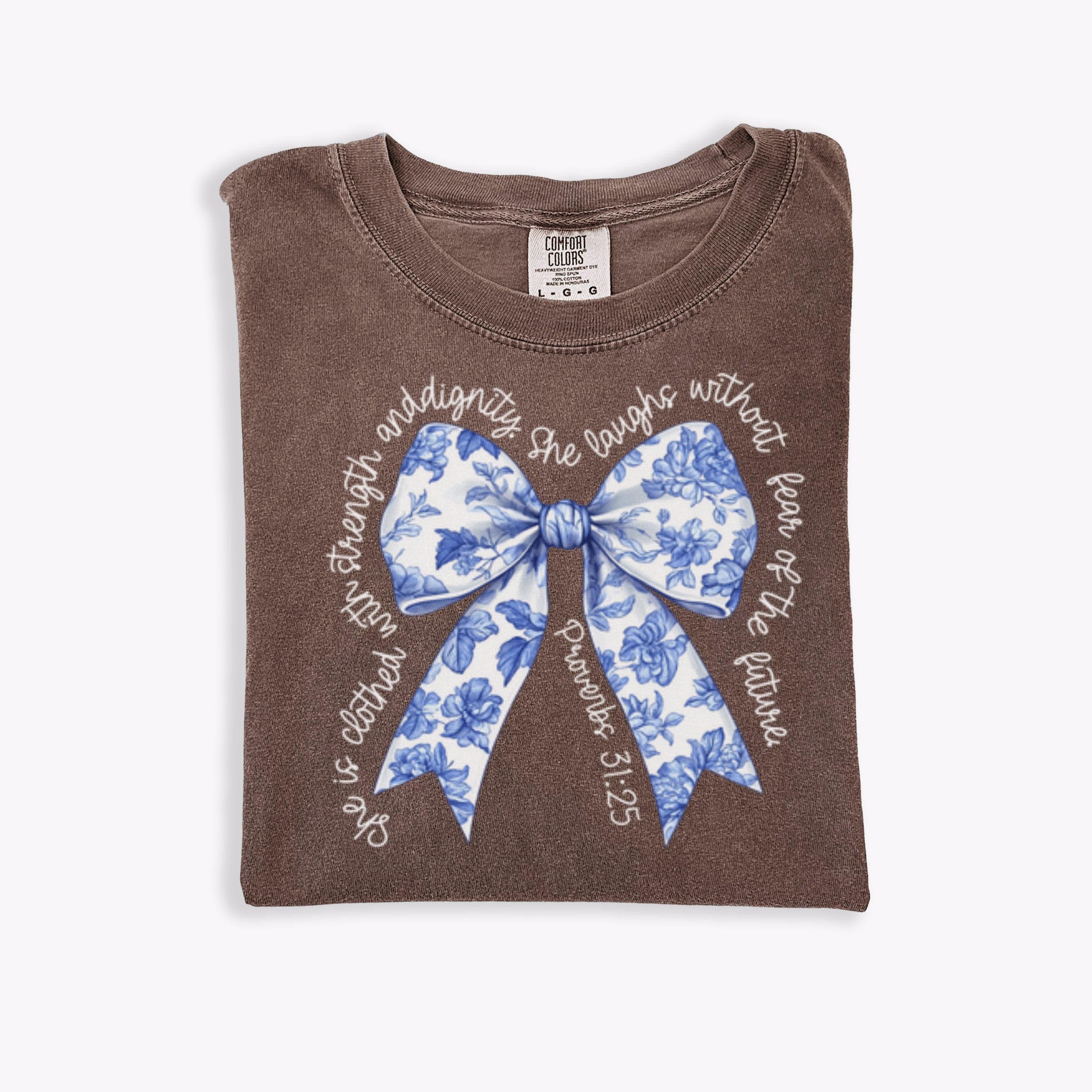 Coquette Christian Comfort Colors Shirt, Blue Toile Bow Bible Verse Shirt, Trendy Christian Apparel Gift for Mom, Religious Shirt for Church